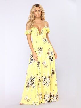 Fashion Nova Yellow Floral Ruffle Off-Shoulder Maxi Dress